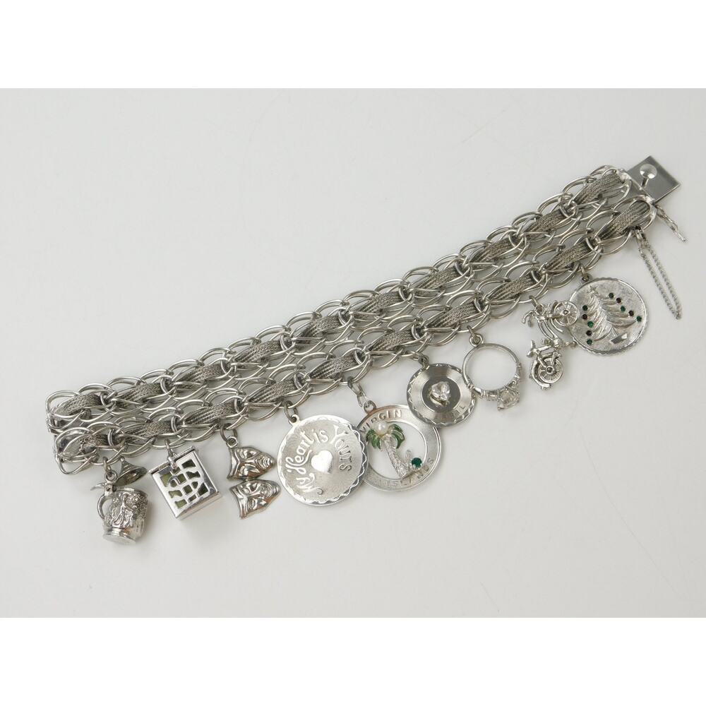 VTG Sterling Silver Rare 1" Wide Double Row 9 Charm Bracelet 7” ~ 69.2g